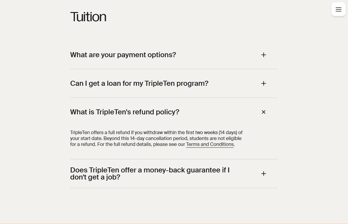TripleTen Review: Job Guarantee Conditions and the 14-Day Refund Cutoff 2 TripleTen FAQ explaining its 14-day ordinary withdrawal refund cutoff