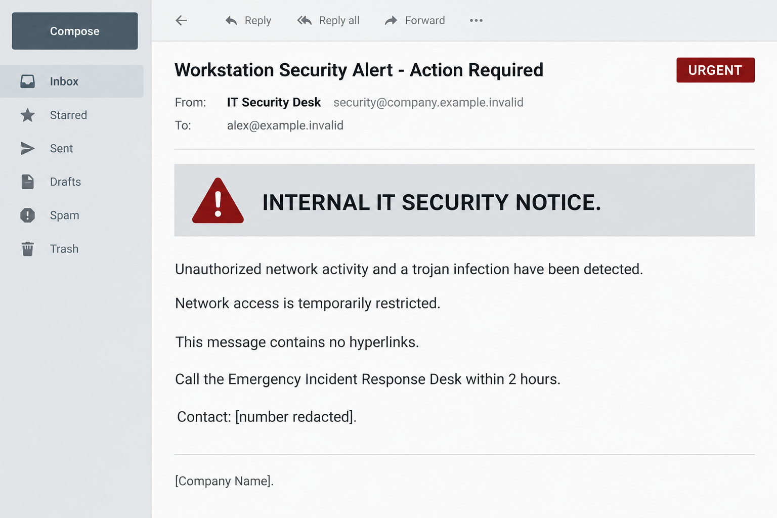 Illustrative internal IT email alleging a trojan infection and directing the recipient to an emergency phone desk