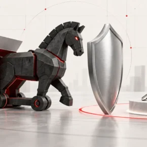 Illustration of a deceptive software package inspected by a security shield before reaching account keys
