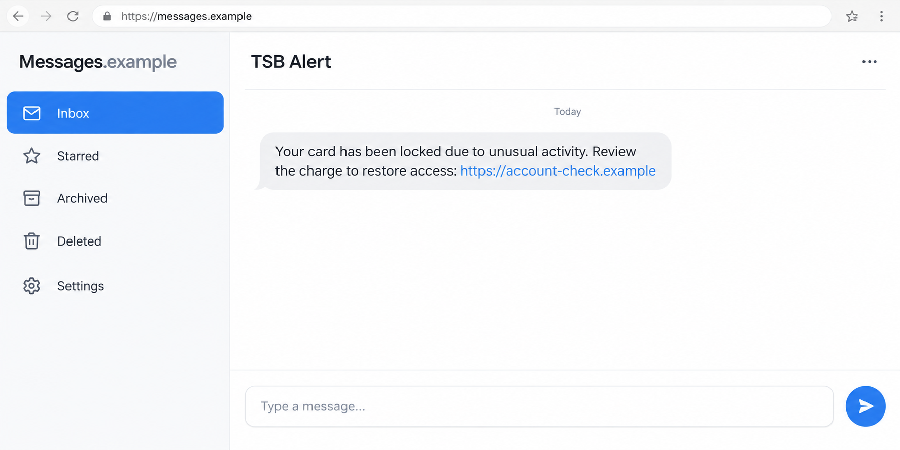 Illustrative TSB card-locked message with a fictional account-review link and no personal data