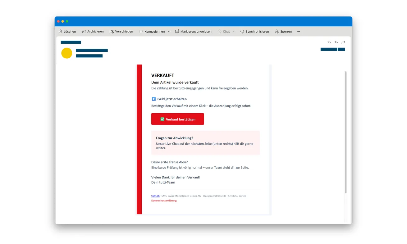 Tutti Payment Confirmation Scam: The Sold Email That Targets Your TWINT 1 Original fake tutti.ch sold email promising immediate payout after a sale confirmation and pointing to supposed live-chat help
