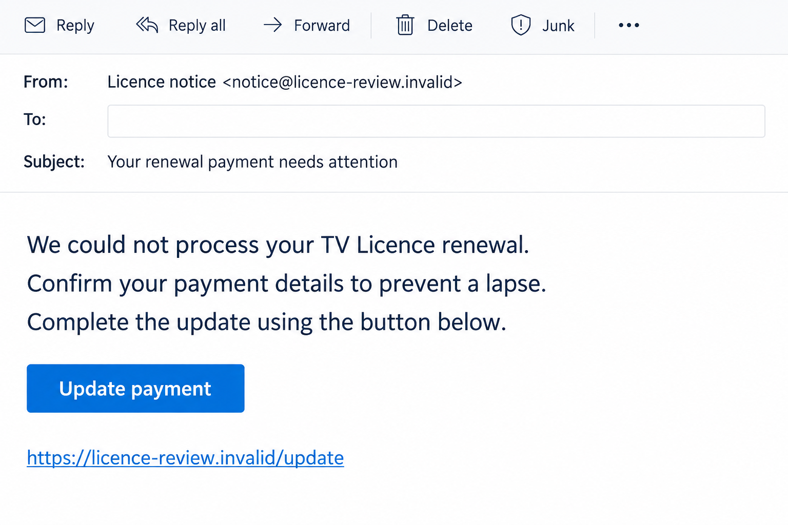 TV Licensing Email Scam: Fake Renewal Notices That Steal Your Bank Details 1 Illustrative fictional TV Licence renewal email asking for a payment update through a nonfunctional example link