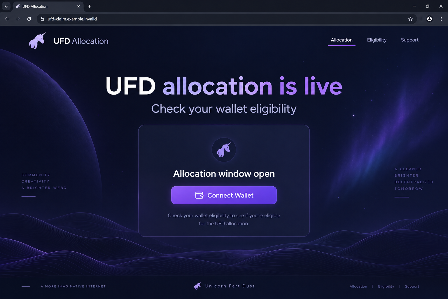 Illustrative fake UFD allocation page on a nonfunctional example domain with a Connect Wallet button