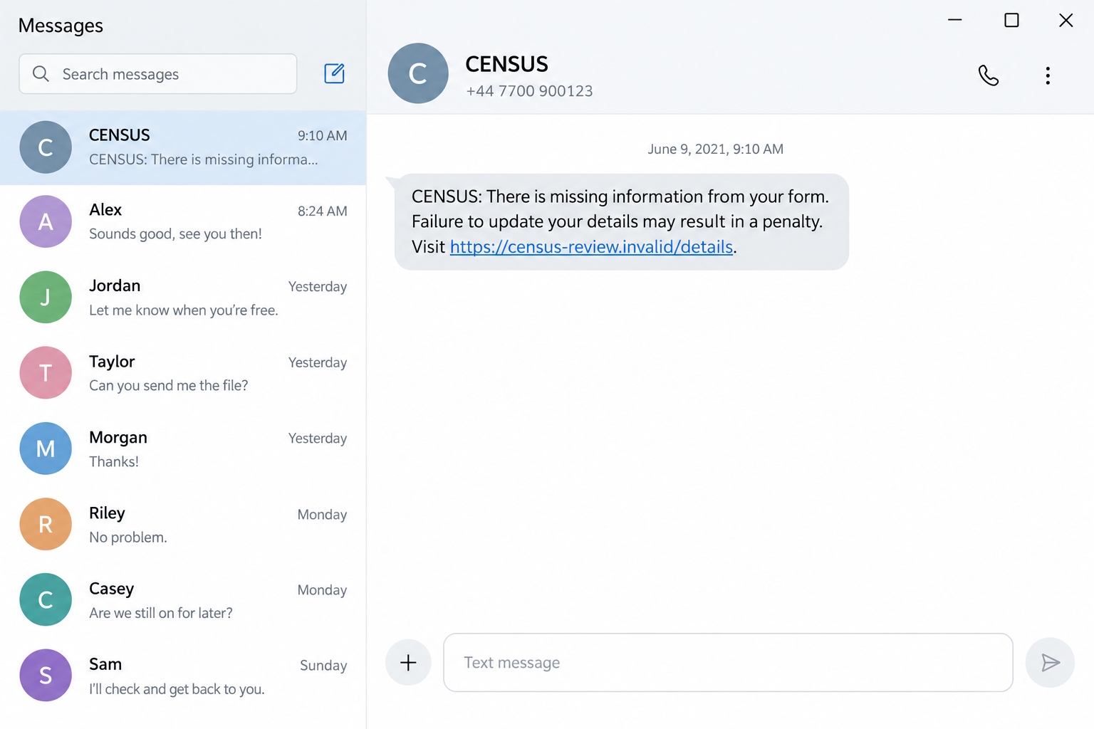 Illustrative fictional Census 2021 text claiming missing form information and threatening a penalty through an unrelated link