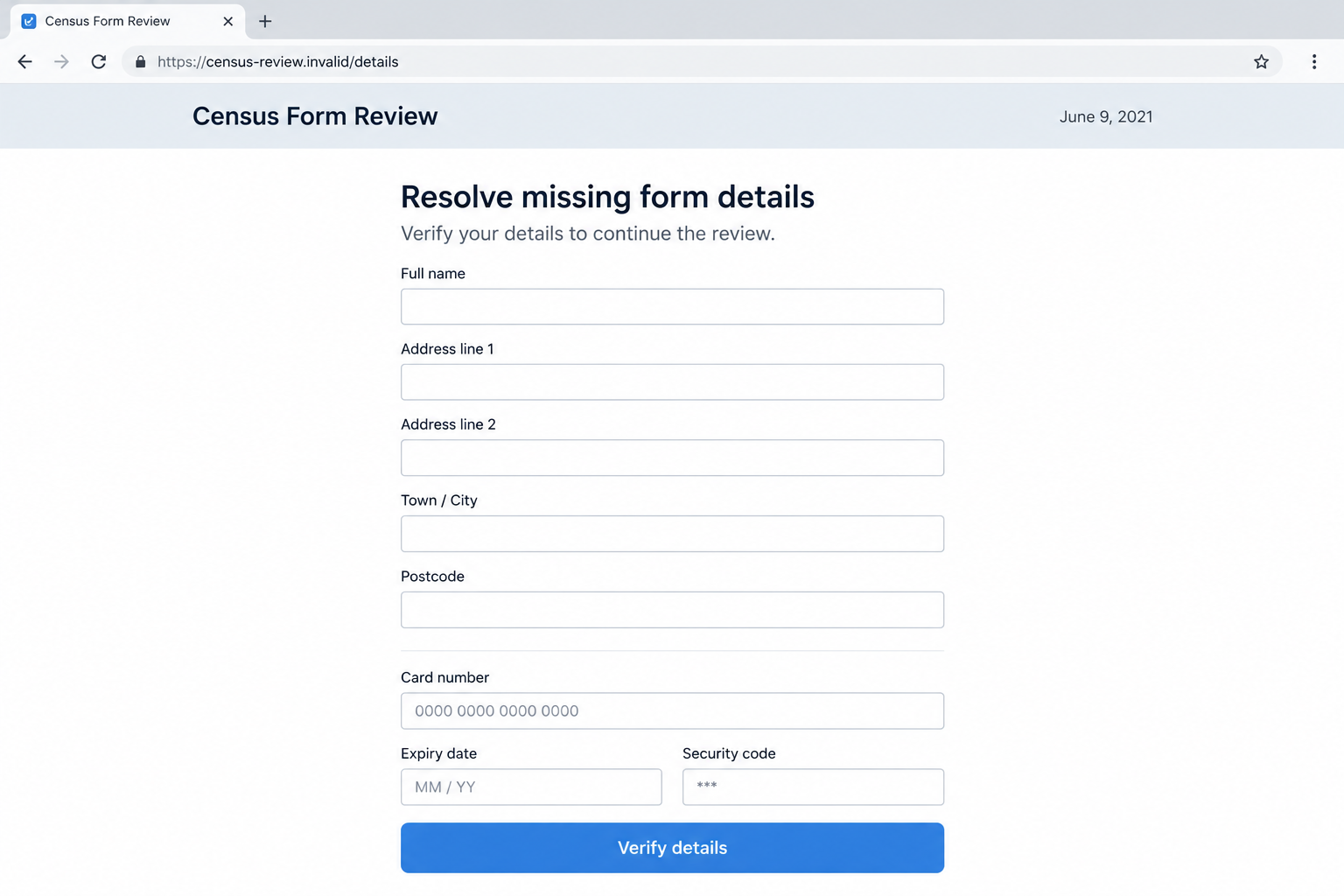 Illustrative fictional Census 2021 form-review page combining personal-detail fields with an unrelated card request