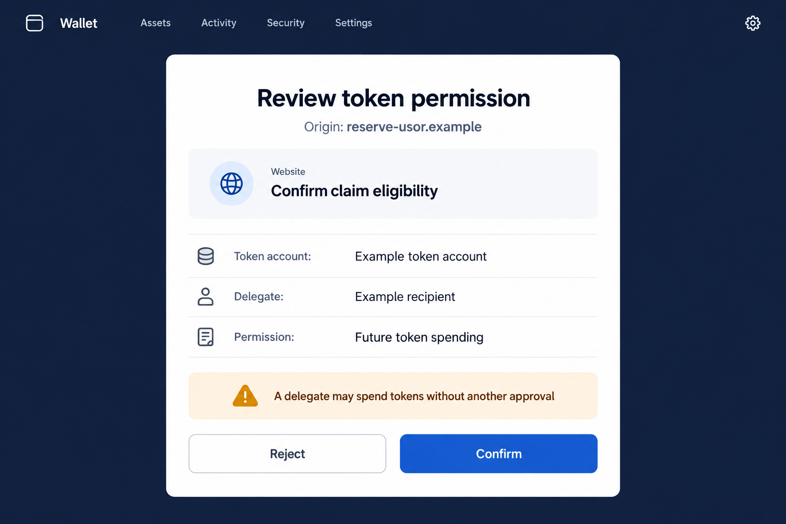 U.S. Oil USOR Airdrop Scam Exposed: Fake Reserve Claims and Wallet Theft 2 Hypothetical Solana token spending delegation requested by a fictional USOR claim page
