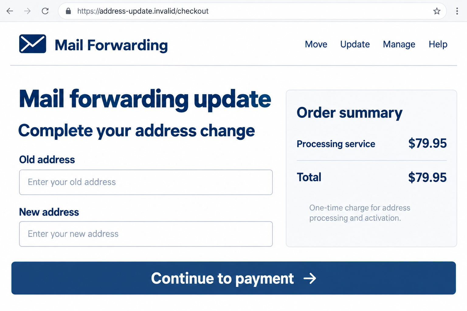 Illustrative fictional address change checkout with empty address fields and a processing service charge of $79.95