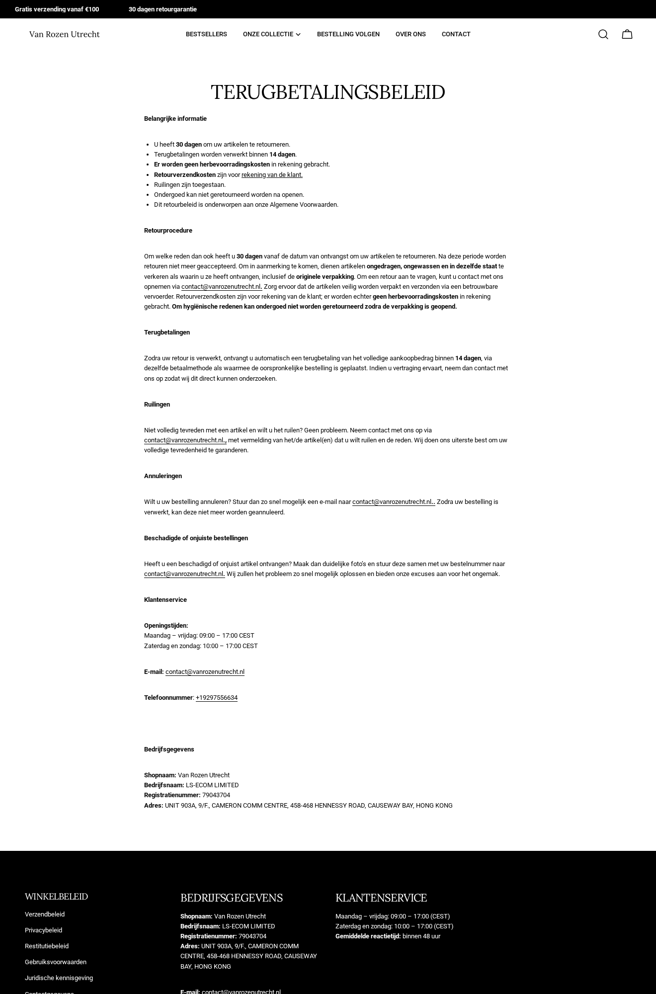 Van Rozen Utrecht Exposed: Scam or Legit? The Hong Kong Returns Problem 2 Van Rozen Utrecht refund policy showing customer-paid return postage and the LS-ECOM LIMITED Hong Kong business address