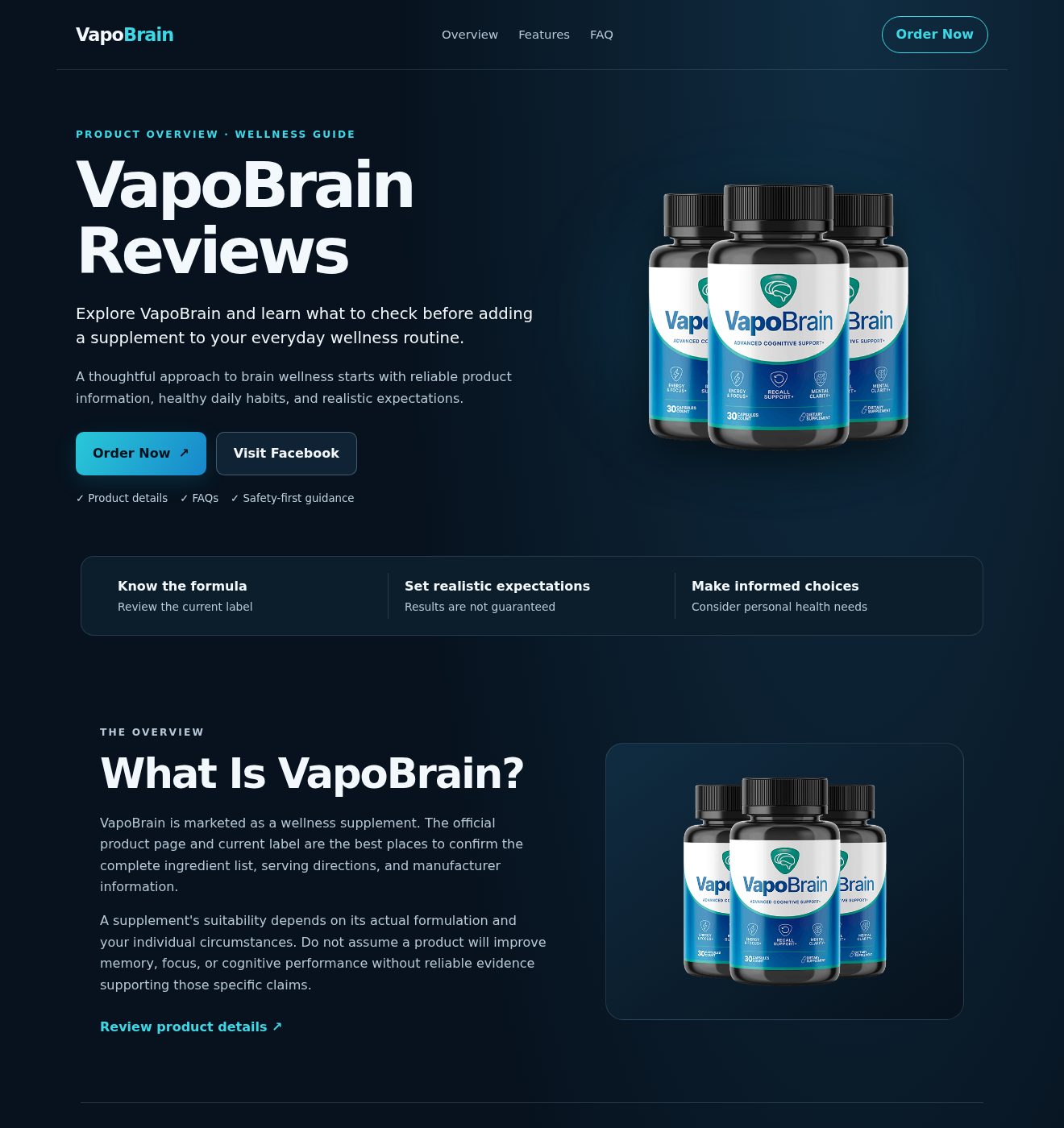 VapoBrain promotional guide showing blue supplement bottles and an Order Now button