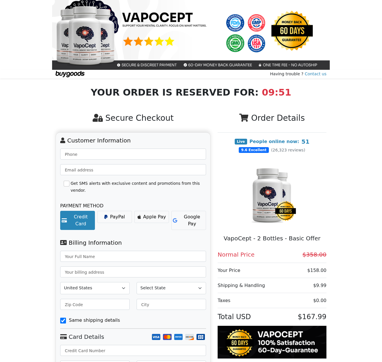 BuyGoods checkout for two VapoCept bottles showing USD167.99 and a no-autoship banner