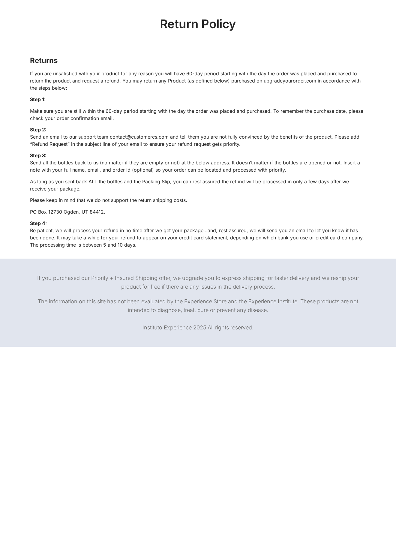 Linked VapoCept return policy showing purchase-based deadline and all-bottles return requirements
