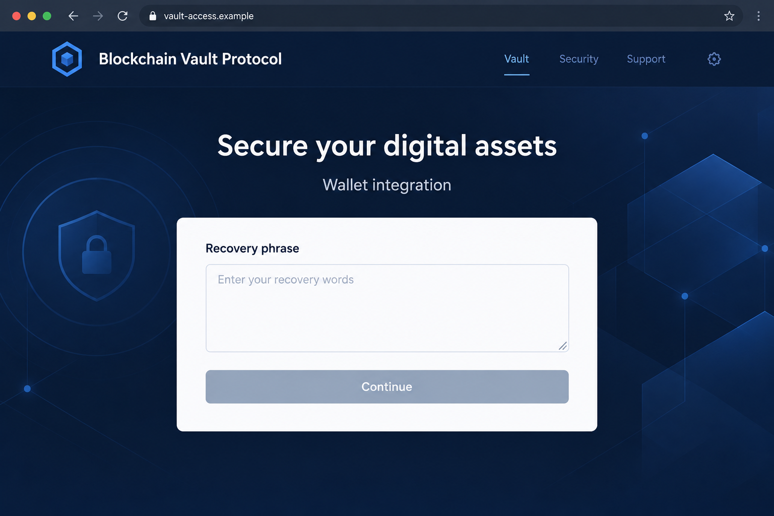 Illustrative Blockchain Vault Protocol page with an empty recovery phrase field and fictional example domain
