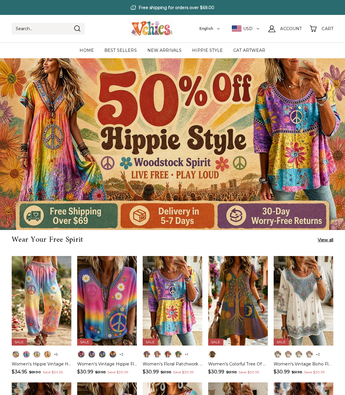 VChics storefront advertising 50% off and 30-day worry-free returns