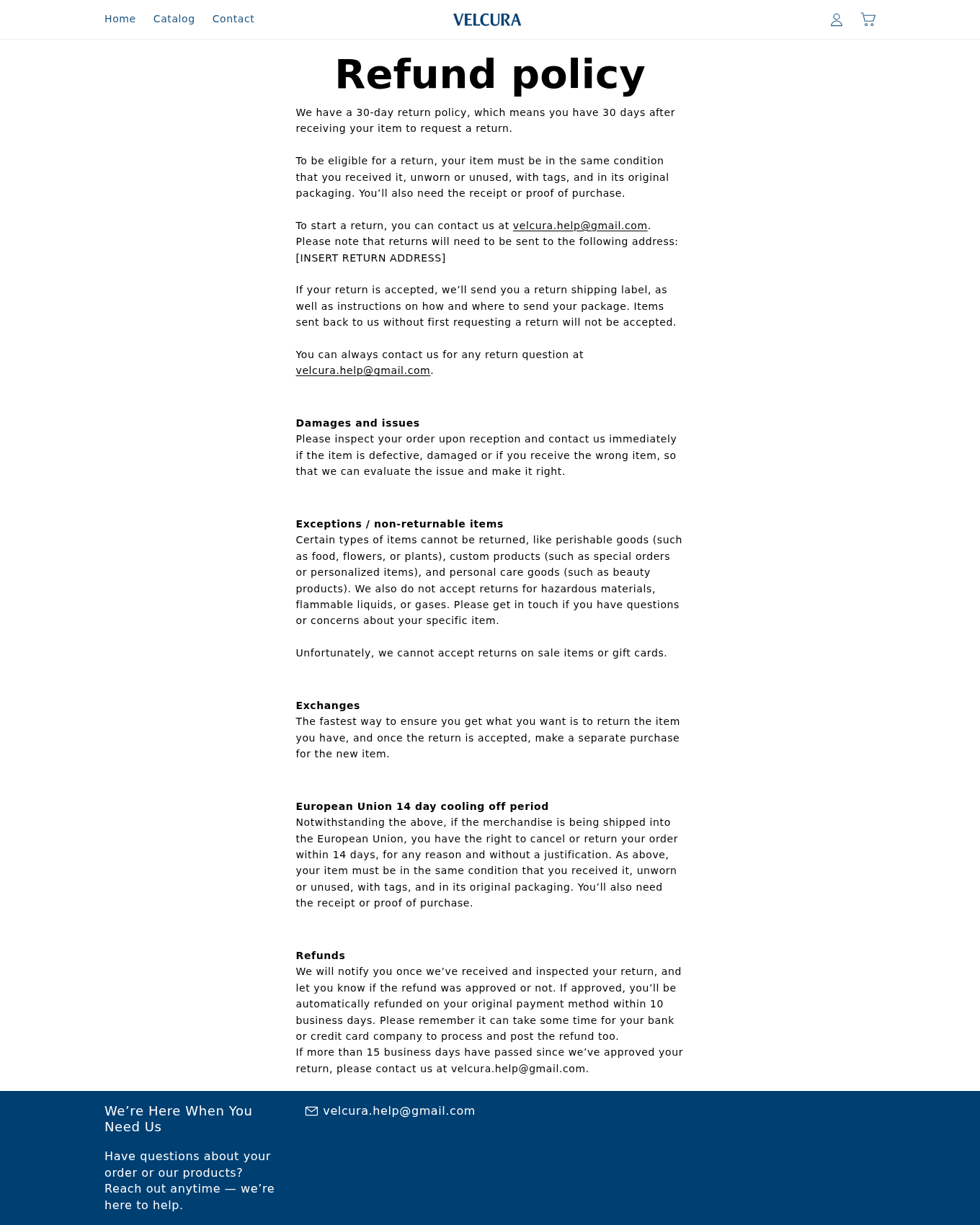 Velcura Nail Patches Investigation: Fungal Claims and Refund Terms Checked 2 Velcura refund policy showing 30-day unused-item terms and an unfilled return-address placeholder