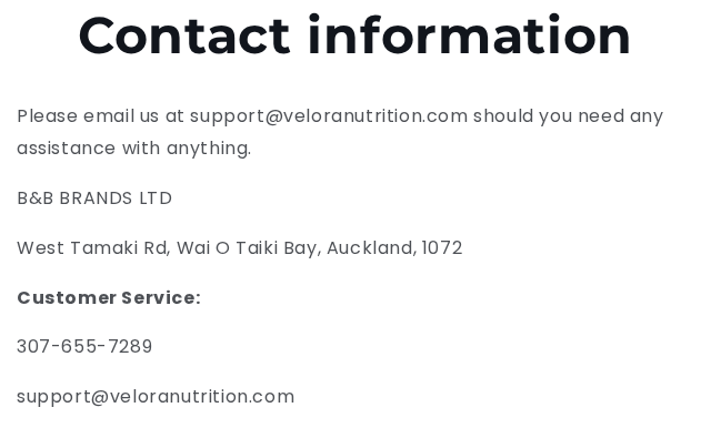 Velora Drops Reviews and Complaints: Does It Work? Billing Risks Checked 3 Velora Nutrition contact policy naming B and B Brands Ltd, an Auckland street address, support email and customer service number