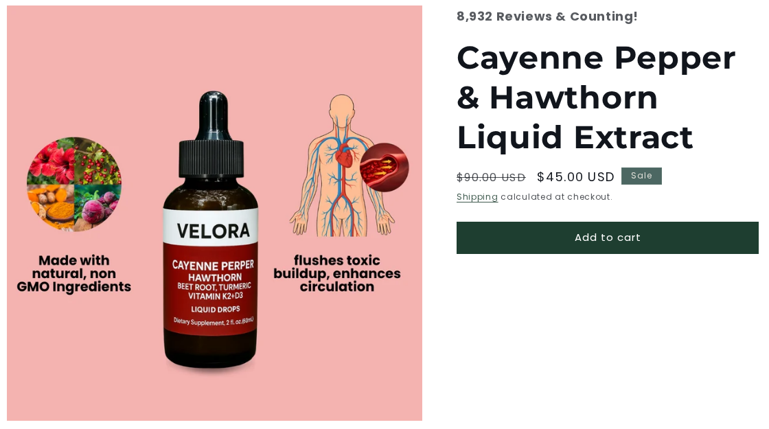 Velora Nutrition Cayenne Pepper and Hawthorn Liquid Extract product page showing its bottle, circulation illustration and $45 price