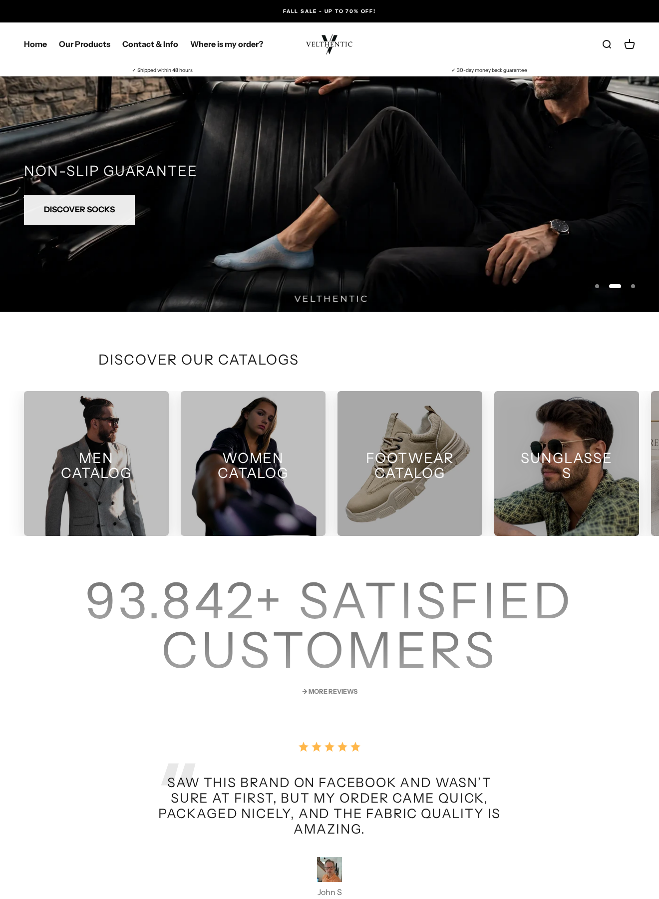 Velthentic Exposed: Scam or Legit? Quality Claims and Return Costs Checked 1 Velthentic storefront showing a seasonal sale, clothing collections, customer-count claims and a 30-day money-back message