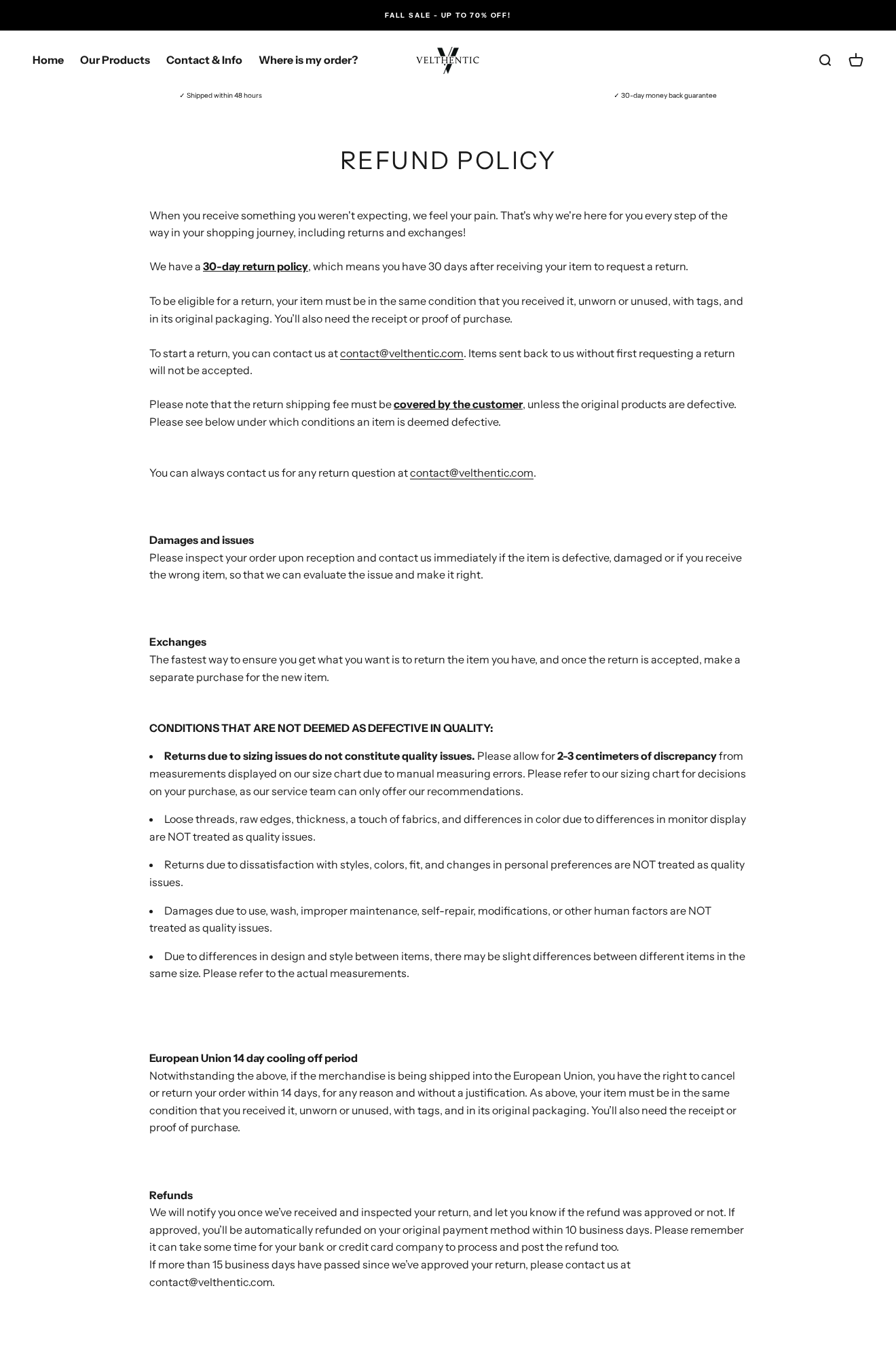 Velthentic Exposed: Scam or Legit? Quality Claims and Return Costs Checked 2 Velthentic refund policy listing customer-paid returns and exclusions for fabric feel, raw edges, threads and sizing differences
