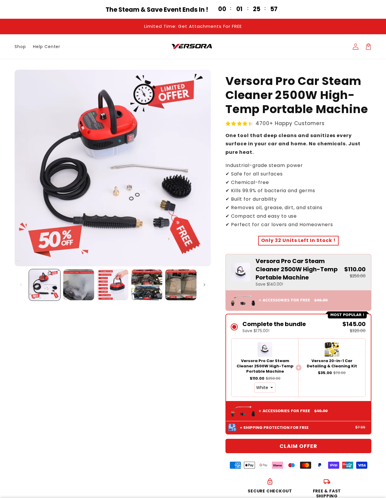 Versora Pro steam cleaner offer showing the machine, safety claims and selected $145 detailing bundle