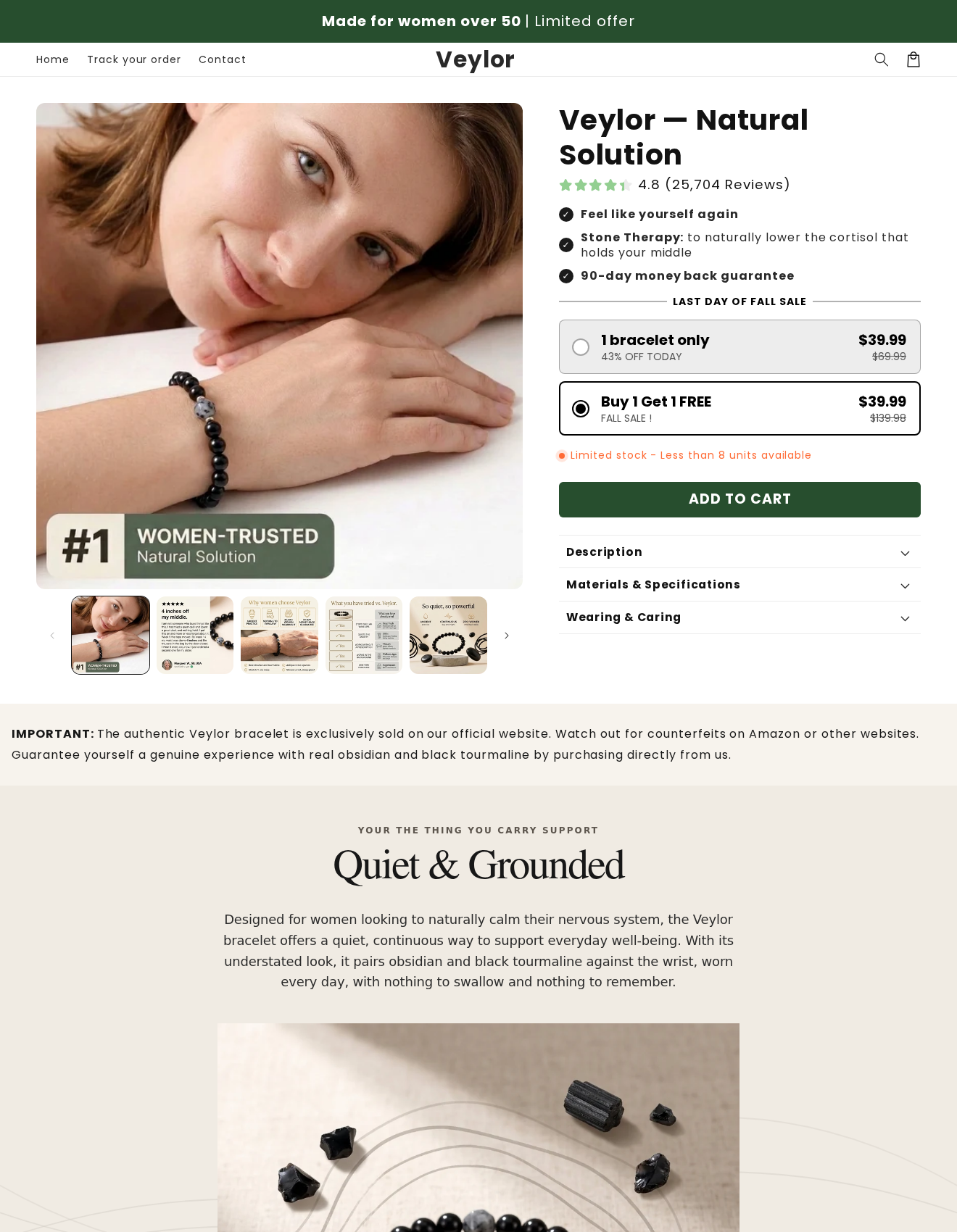 Veylor obsidian and black tourmaline bracelet at getveylor.com showing cortisol claims, a selected two-bracelet offer and 90-day guarantee