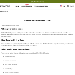 VibeNestGoods shipping page claiming dispatch within 48 hours while also allowing three to seven business days of processing