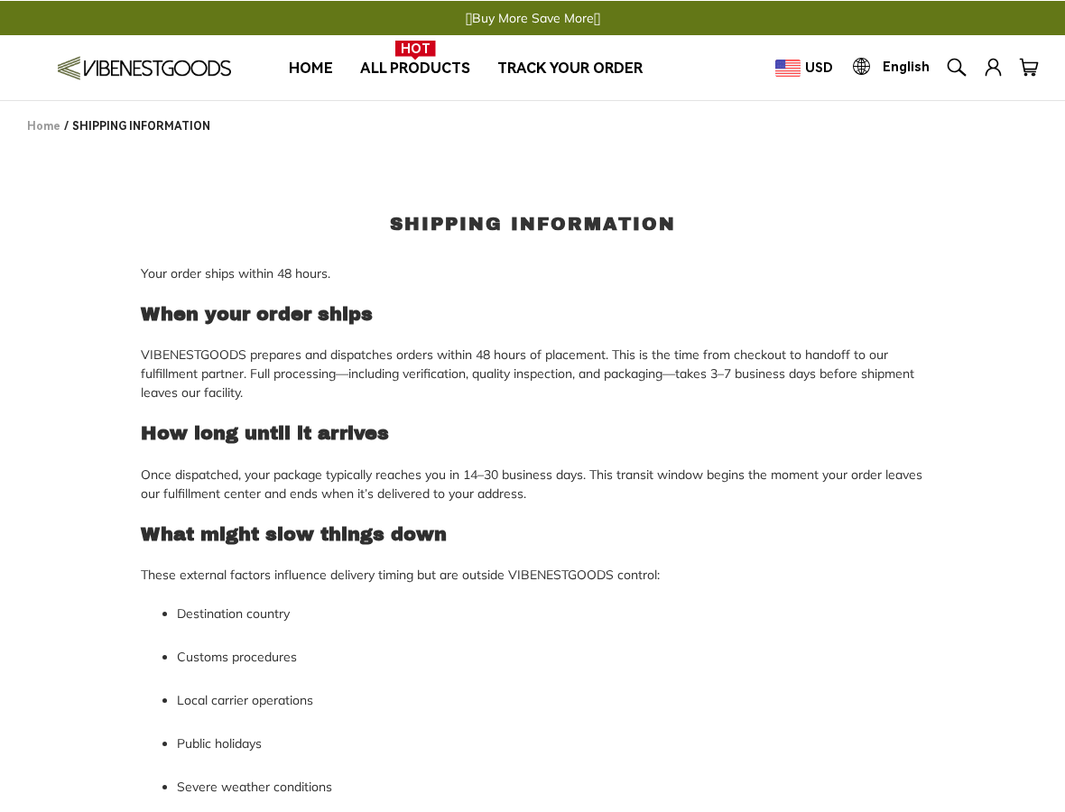 VibeNestGoods Review: Shipping Contradictions, Returns and Company Checks 1 VibeNestGoods shipping page claiming dispatch within 48 hours while also allowing three to seven business days of processing