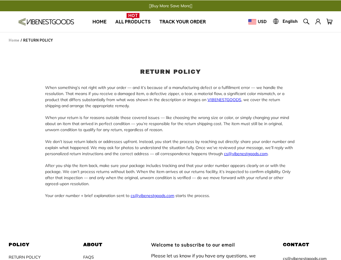 VibeNestGoods Review: Shipping Contradictions, Returns and Company Checks 2 VibeNestGoods return policy requiring email review before providing an address and inspection before issuing a remedy