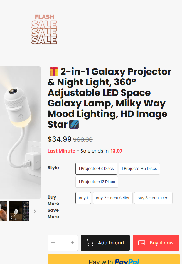 Vicenly Review: Five-Day Returns, Cancellation Fees and Buyer Risks 2026 1 Vicenly galaxy projector offer showing a countdown, bundle choices and price