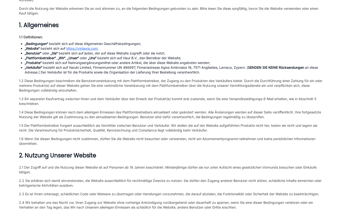 Virdexis terms identifying the platform operator and seller