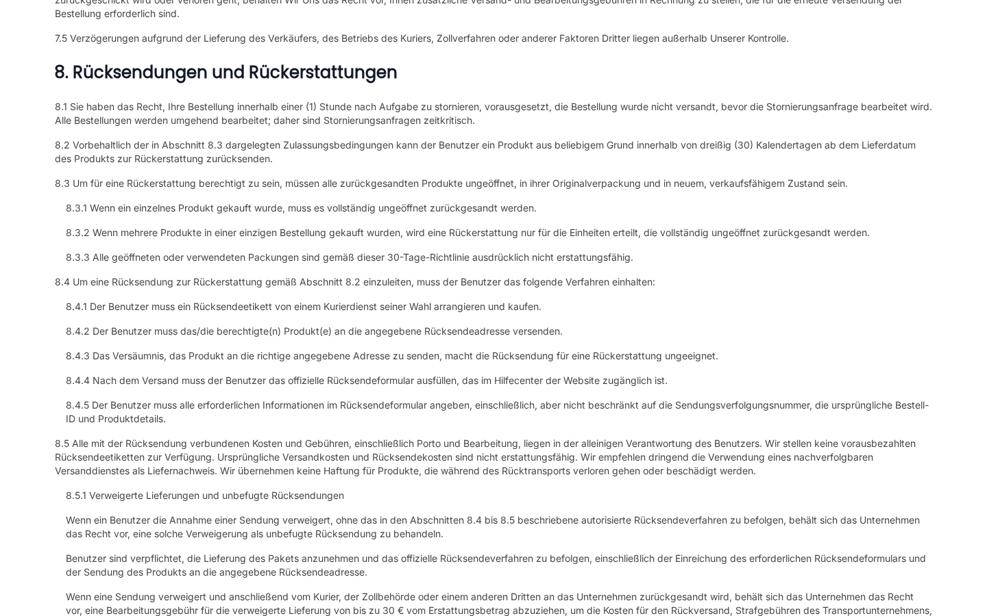 Virdexis return terms excluding opened packages and describing cancellation conditions