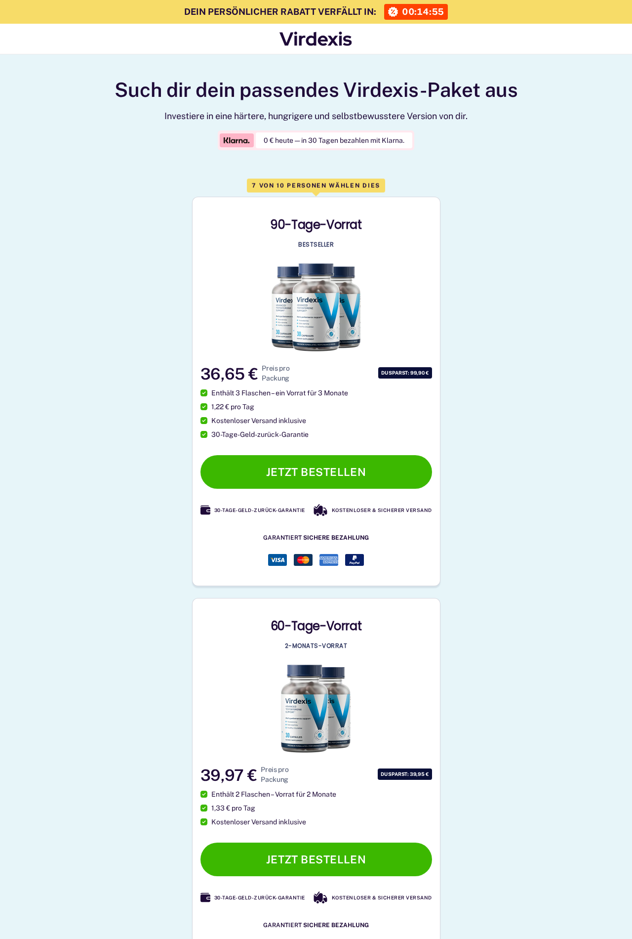 Virdexis German offer showing multi-bottle prices and a countdown beside the ordering choices