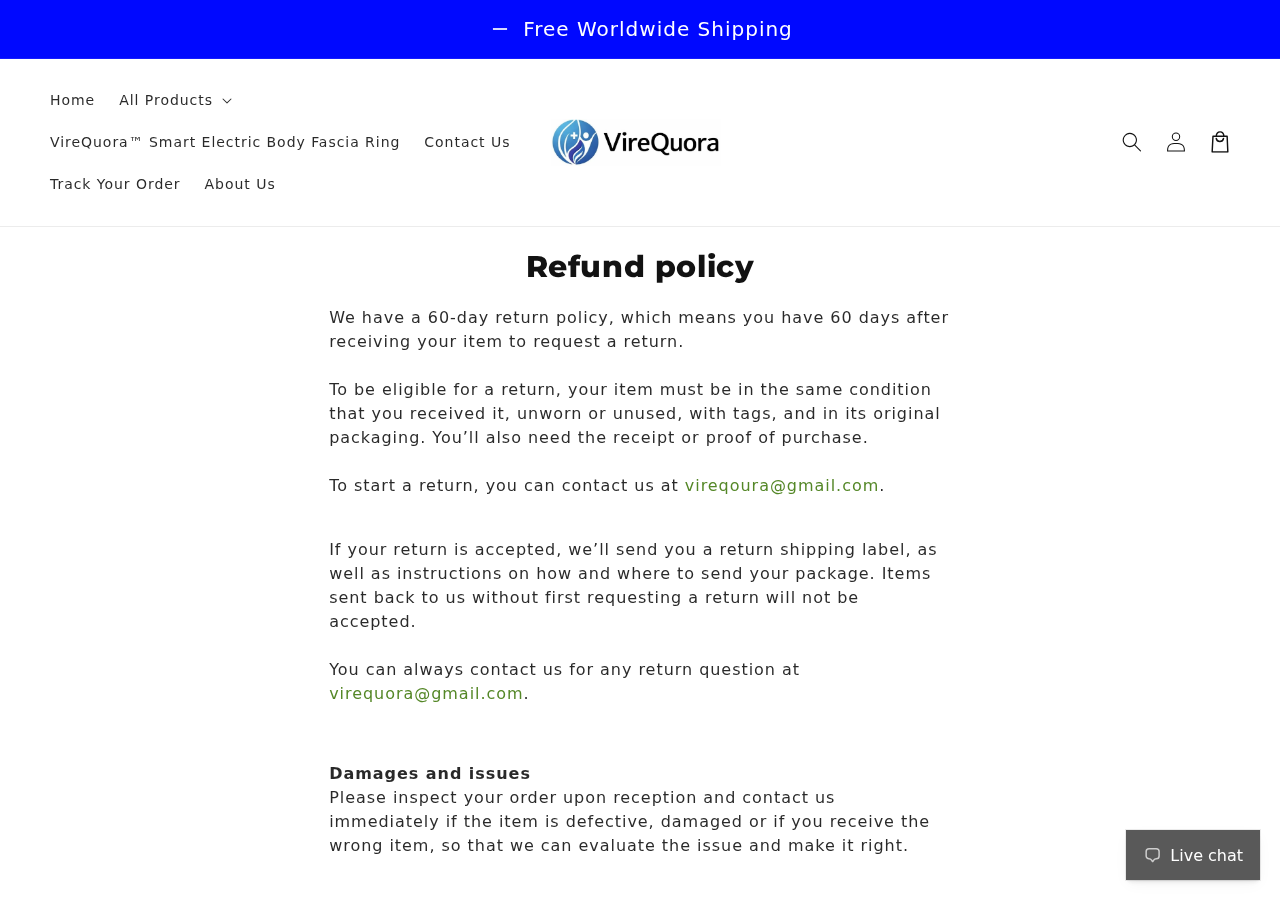 VireQuora refund policy showing the sixty-day return window and contact email