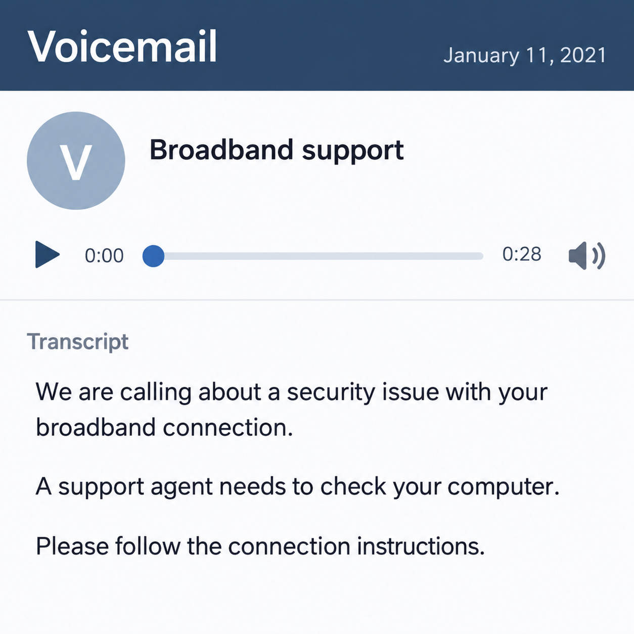 Illustrative fictional historical voicemail transcript using a broadband-security problem to introduce an unverified support request