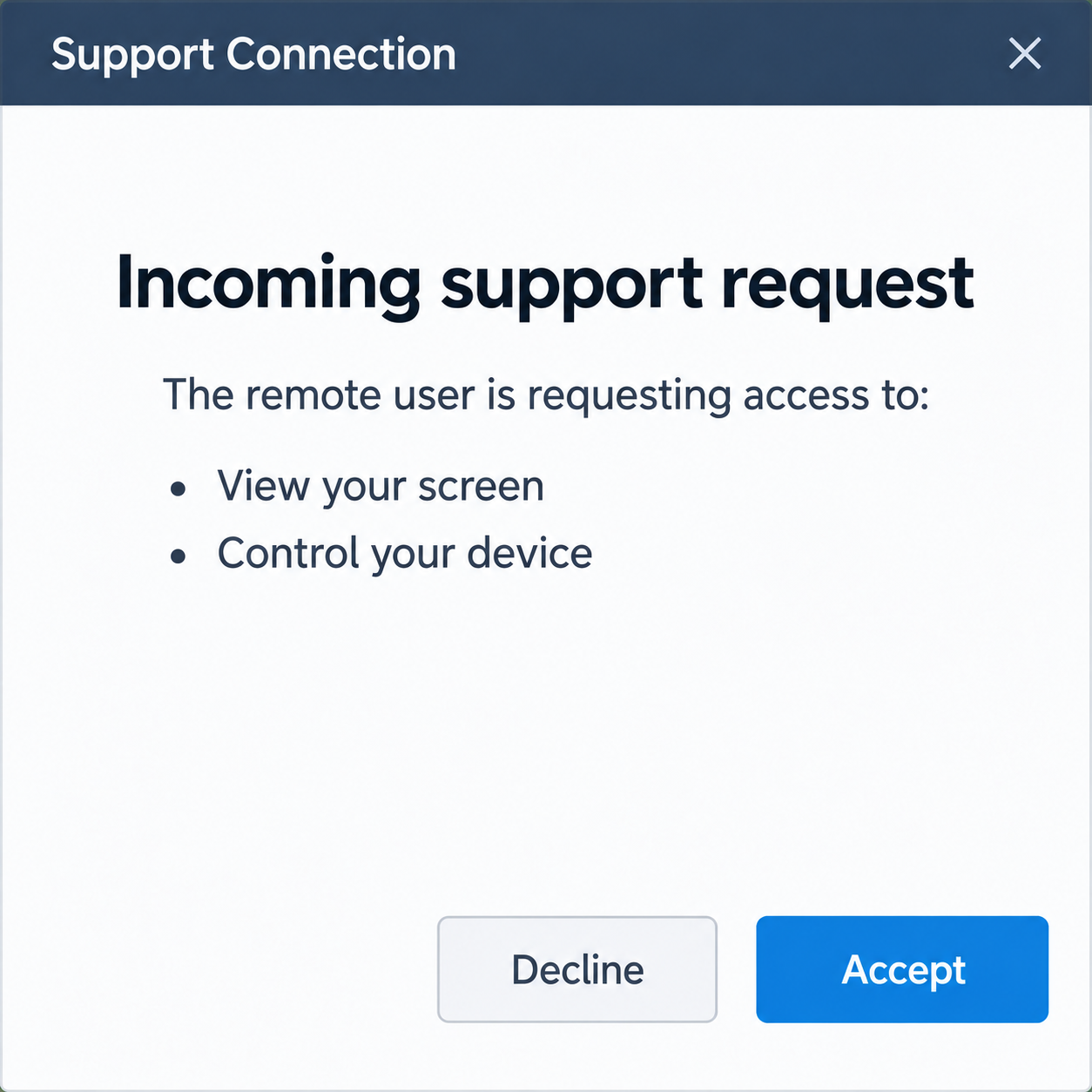 Illustrative fictional remote-support consent dialog showing a request to view the screen and control the device