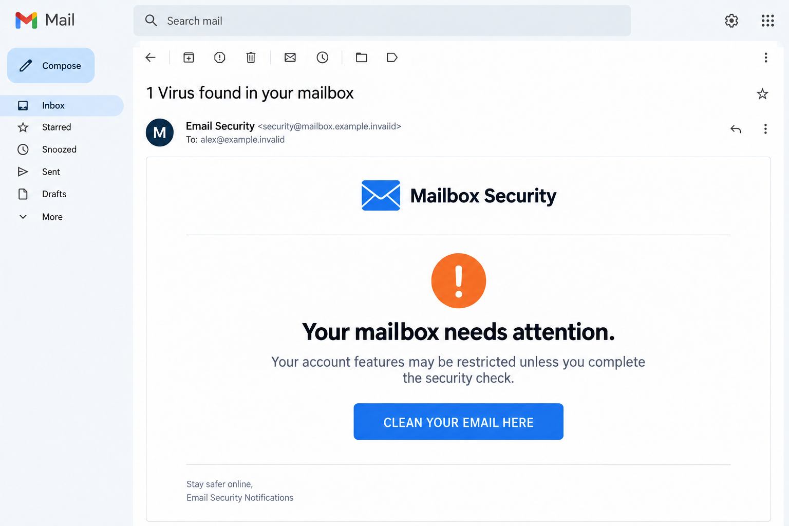 Illustrative mailbox virus warning email with a Clean Your Email Here button