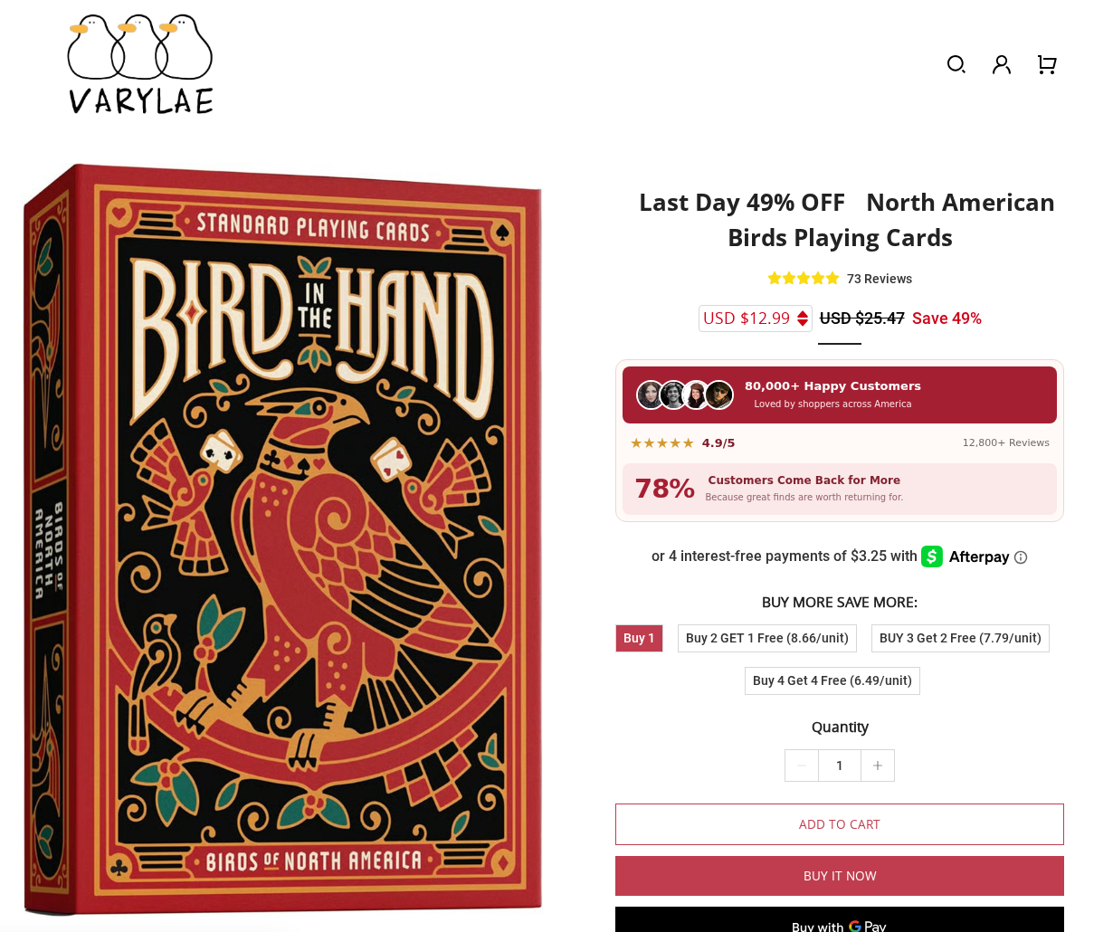 Virylae Reviews: Is Virylae.com Legit? Random Sale Pop-Ups and Odd Policies 1 Virylae.com product page for North American Birds playing cards at 12.99 with a 49% off label, store-wide review badges and buy-more bundles