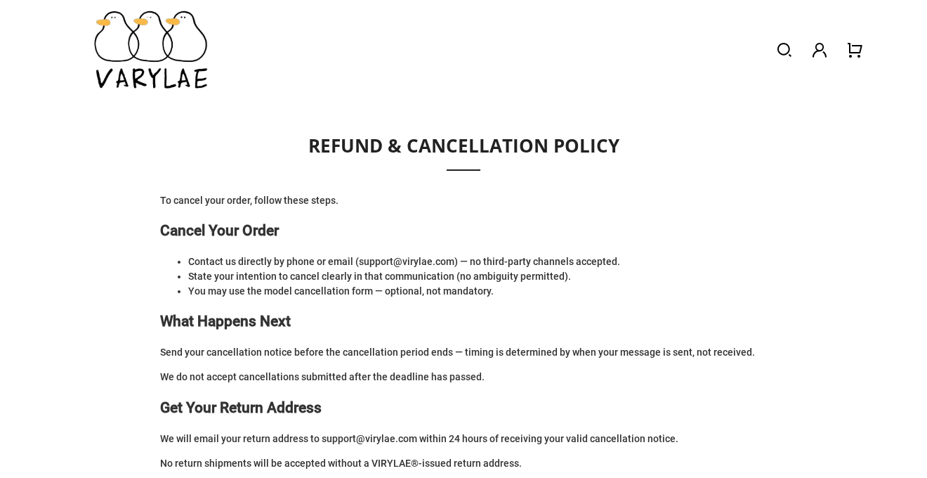 Virylae Reviews: Is Virylae.com Legit? Random Sale Pop-Ups and Odd Policies 2 Virylae refund and cancellation policy saying the store will email the return address to support@virylae.com