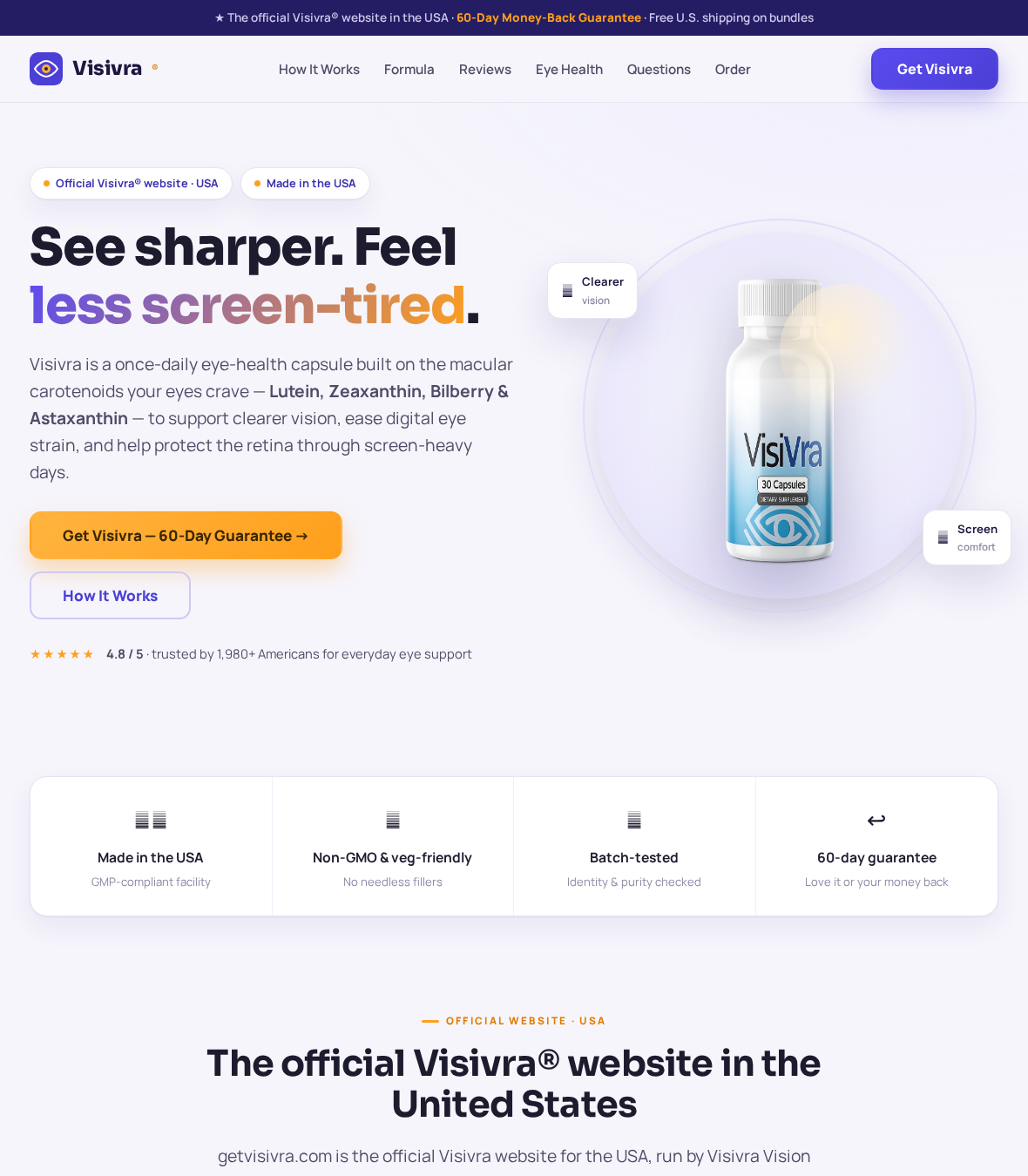 VisiVra product information page describing its capsule formula and eye-health claims