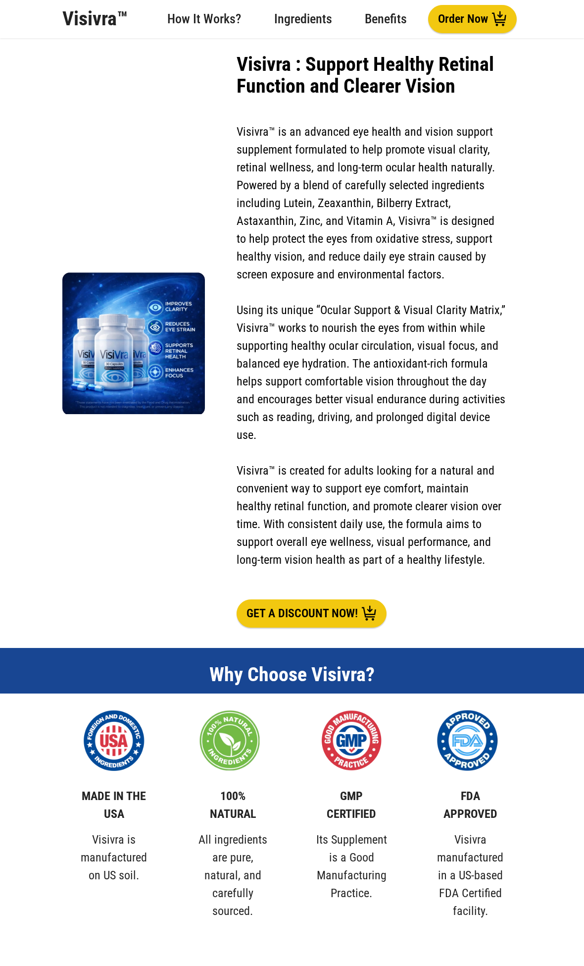 VisiVra promotional page displaying an FDA approval claim and manufacturing badges