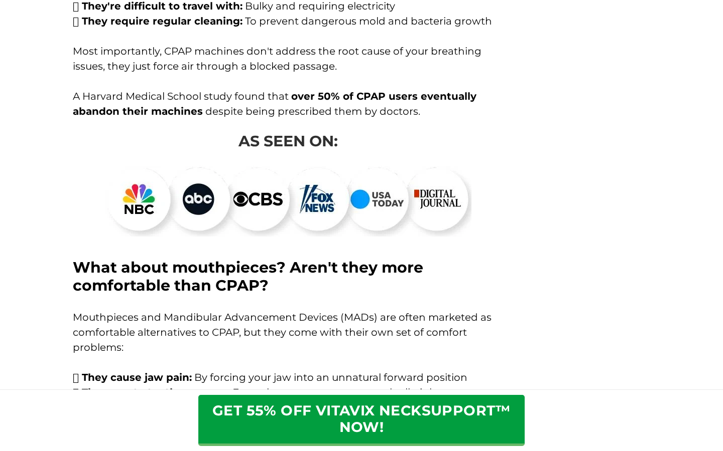 Vitavix advertorial criticizing CPAP beside media logos and a purchase offer