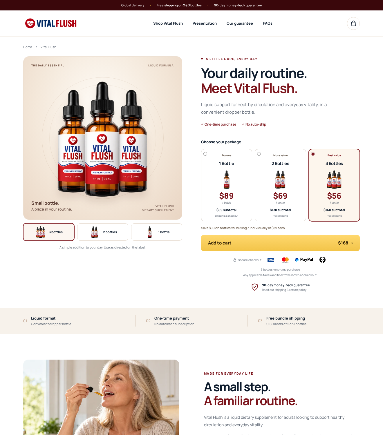 Vital Flush: Scam or Legit? Blood Pressure Drops and Refunds Investigated 1 Original Vital Flush offer showing the selected three bottle package at $168 and one-time purchase wording