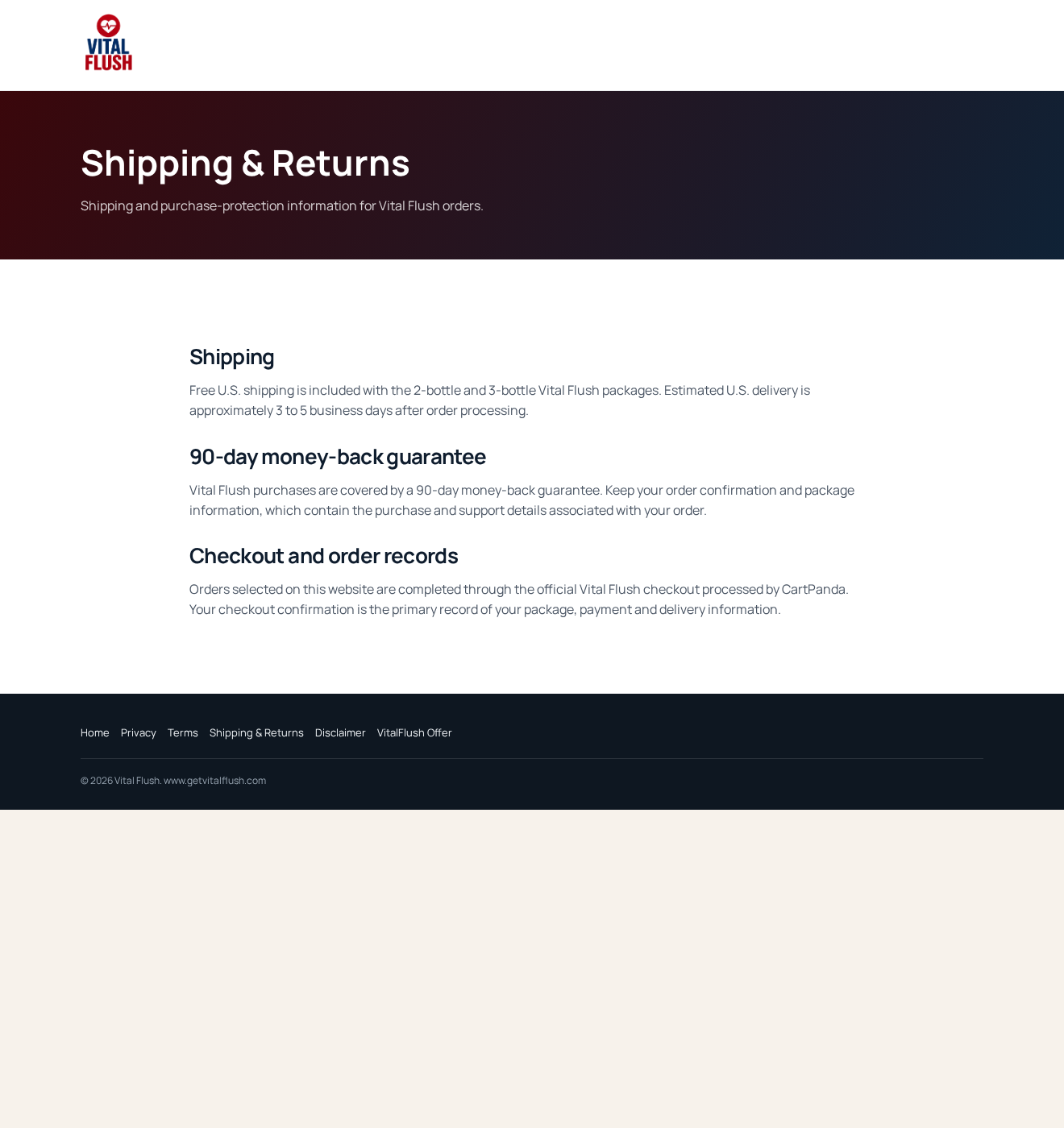 Vital Flush: Scam or Legit? Blood Pressure Drops and Refunds Investigated 3 Complete Vital Flush shipping and returns page with a 90-day guarantee but no return address or direct support contact