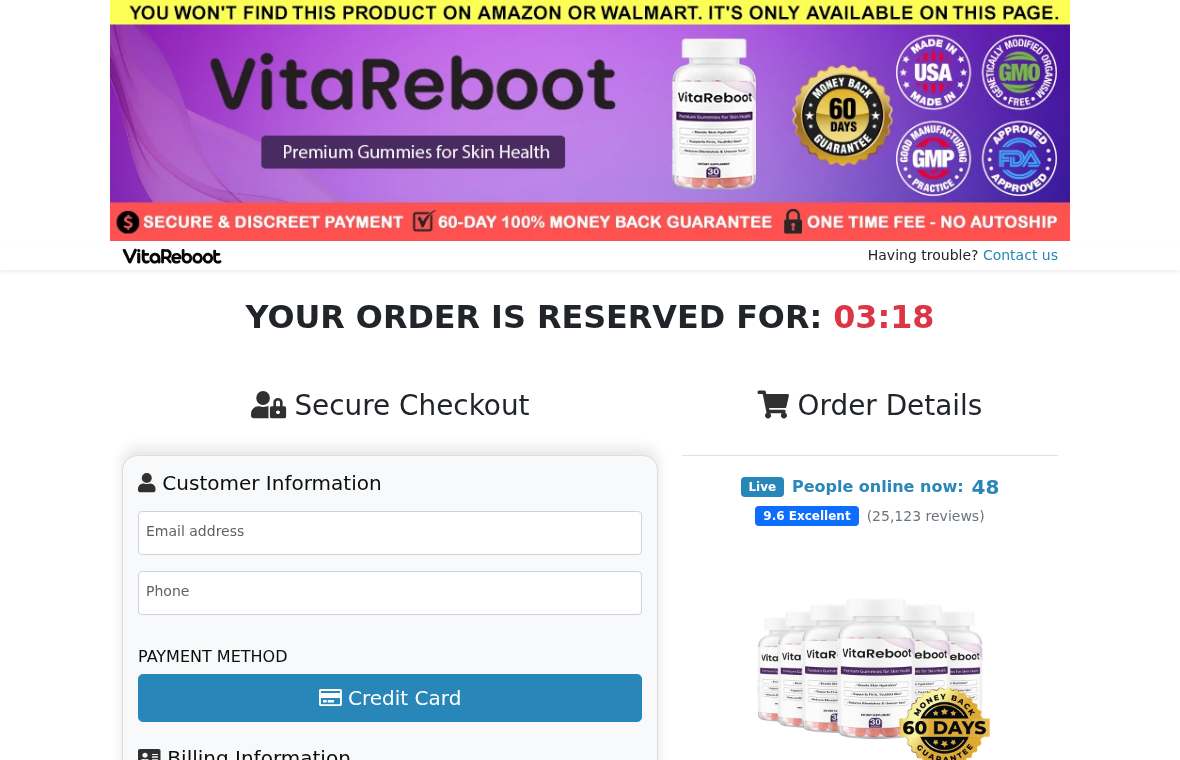 VitaReboot checkout banner showing an FDA-approved badge, a 60-day guarantee, and a one-time-fee no-autoship statement