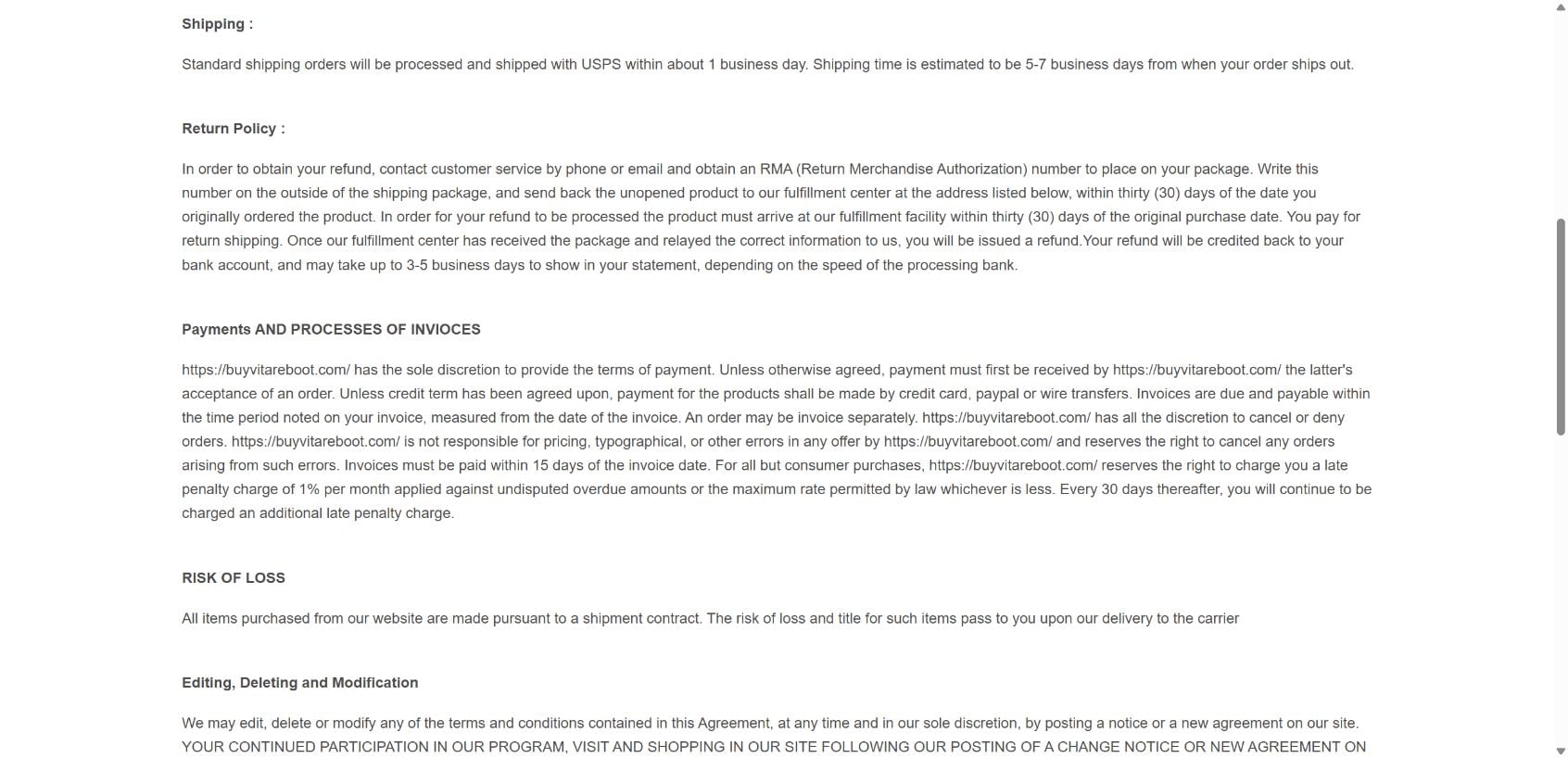 VitaReboot linked return policy requiring authorization and unopened products received within 30 days of the original purchase