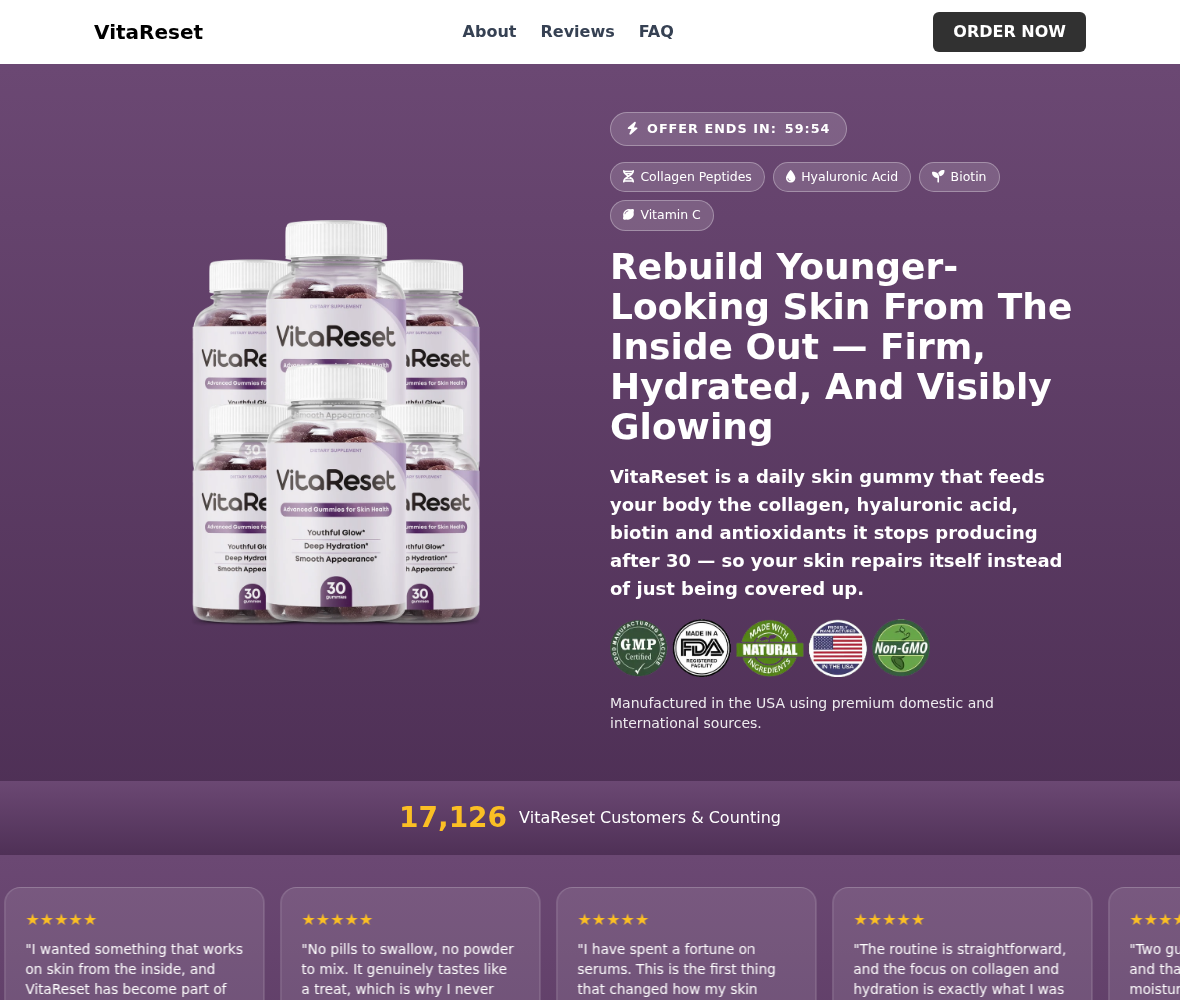 VitaReset Gummies Review: Refund Conflicts, Formula and Billing Concerns 1 VitaReset skin gummies sales page showing collagen claims, supplement bottles and countdown