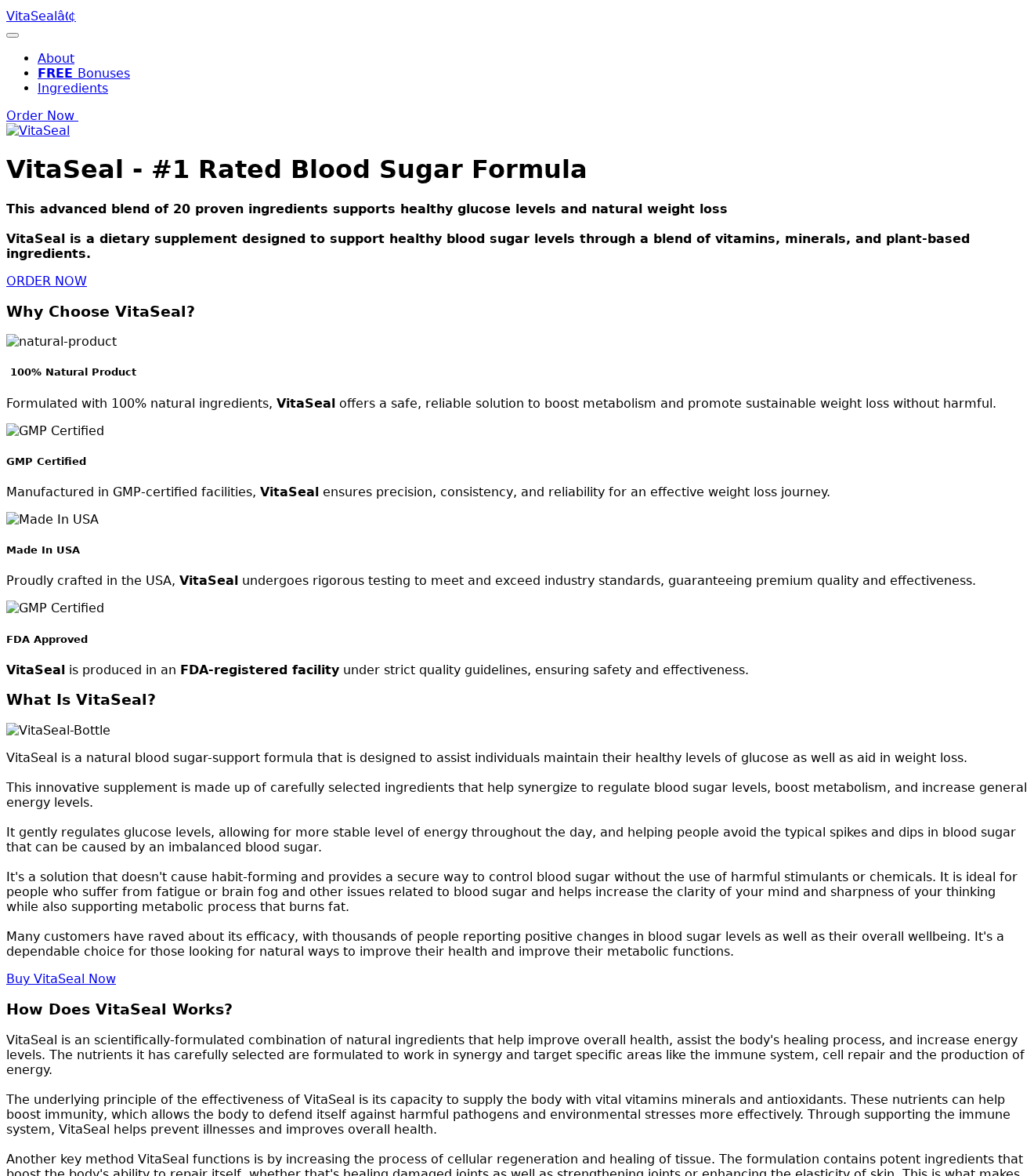VitaSeal promotional page displaying FDA Approved wording and a 20-ingredient blood-sugar formula claim