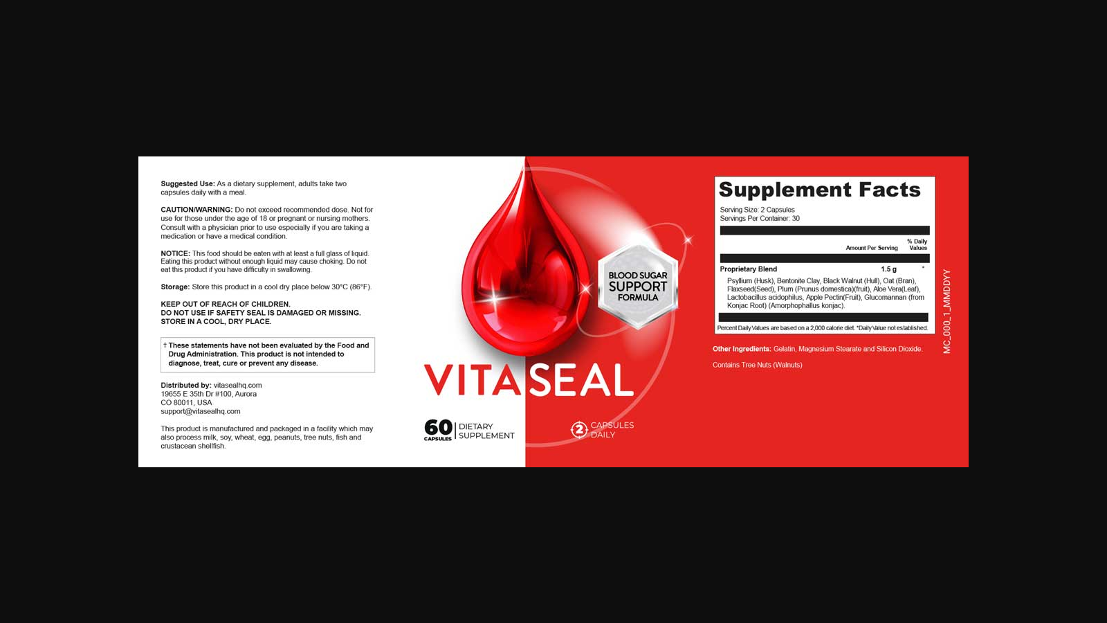 VitaSeal label showing a two-capsule serving, 1.5g proprietary blend, walnut warning and distributor information