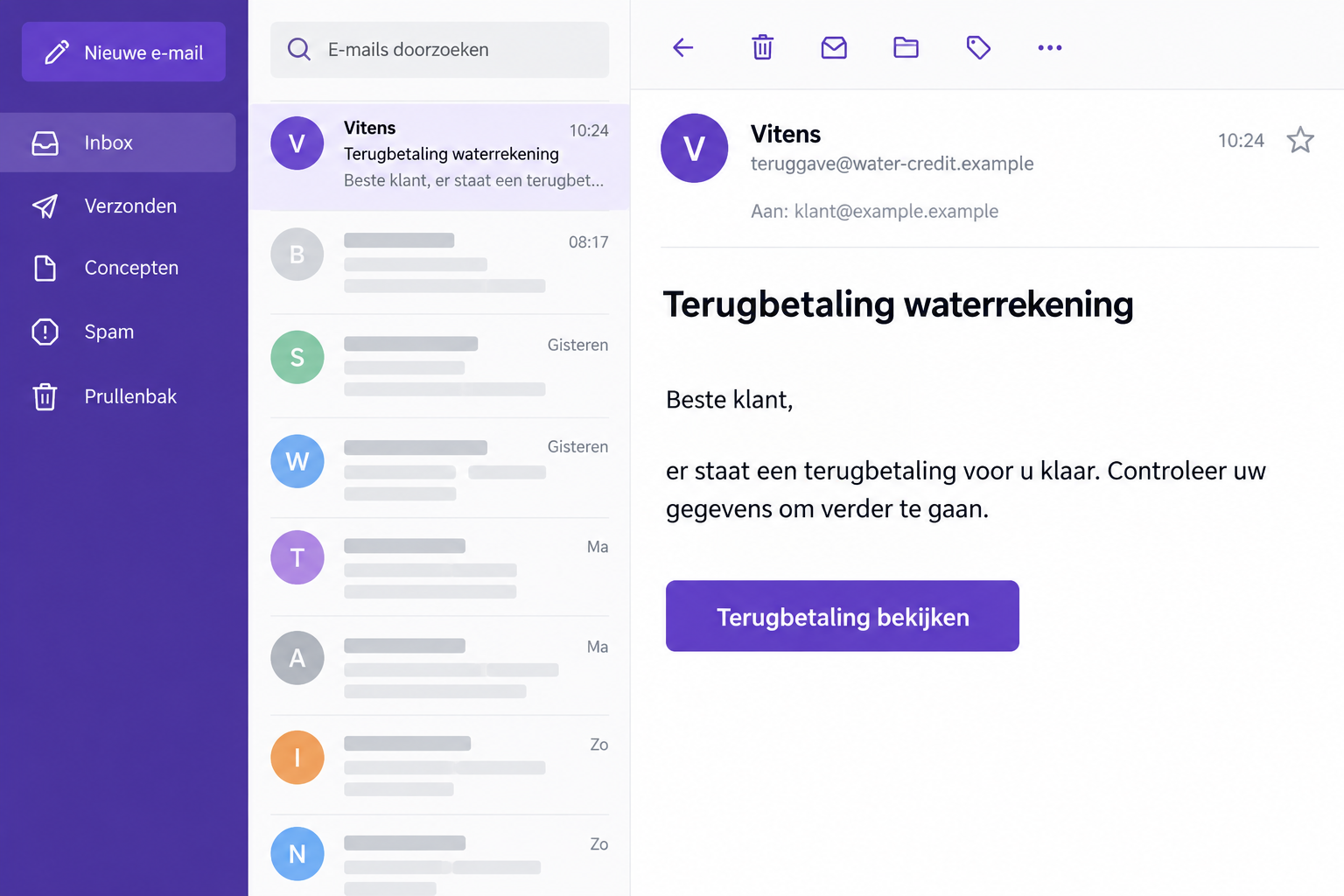 Generated Vitens refund impersonation email with a fictional sender and sample refund button