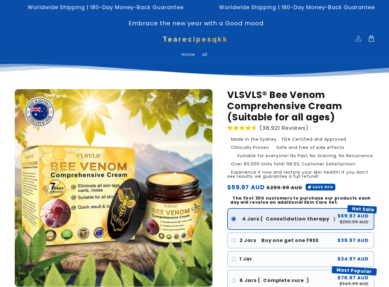 VLSVLS Bee Venom Comprehensive Cream store page claiming Made in the Sydney, FDA Certified and Approved, 38,921 reviews and a 59.97 AUD four-jar bundle