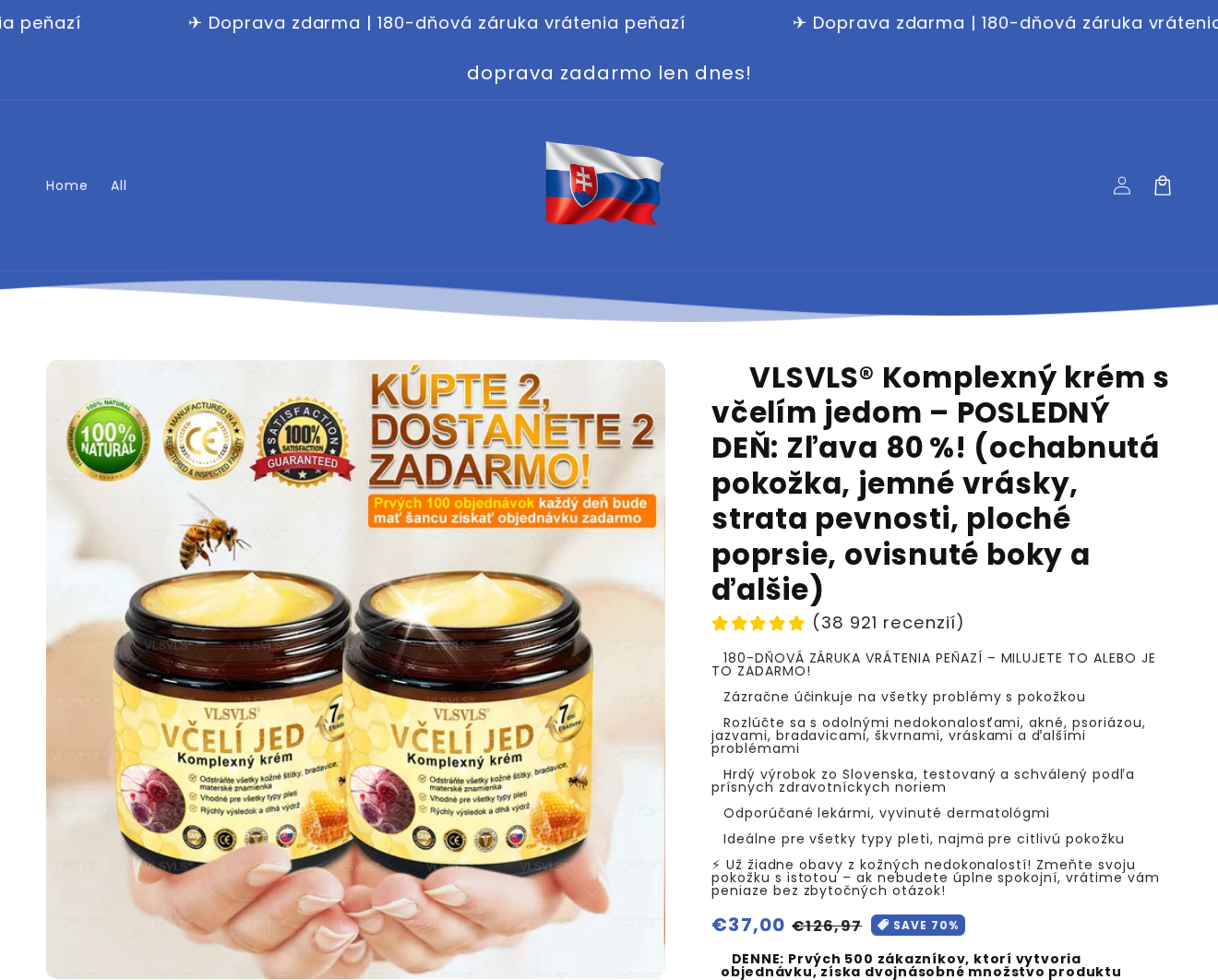 Slovak VLSVLS store page with a Slovak flag logo, a last-day 80% off title, the same 38,921 reviews count and a 37 euro price
